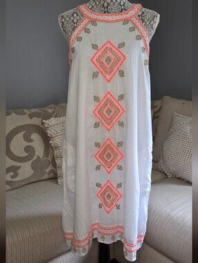 Saks Fifth Avenue White Mini Dress with Neon Coral Embroidery